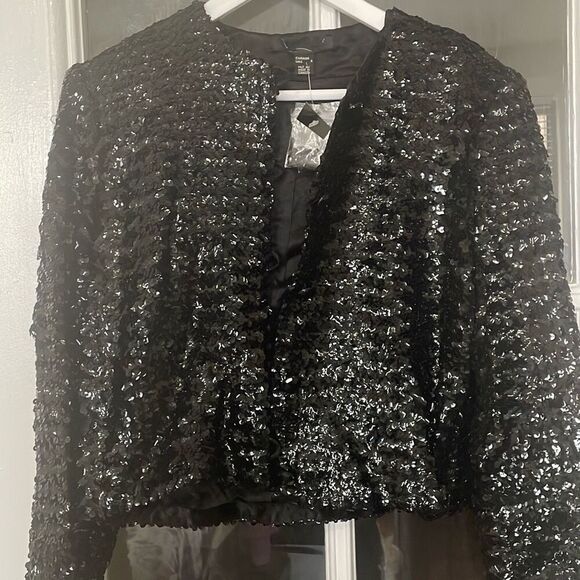 Vintage black sequin cropped long sleeve blazer jacket button down size 6 NWT - Picture 2 of 15
